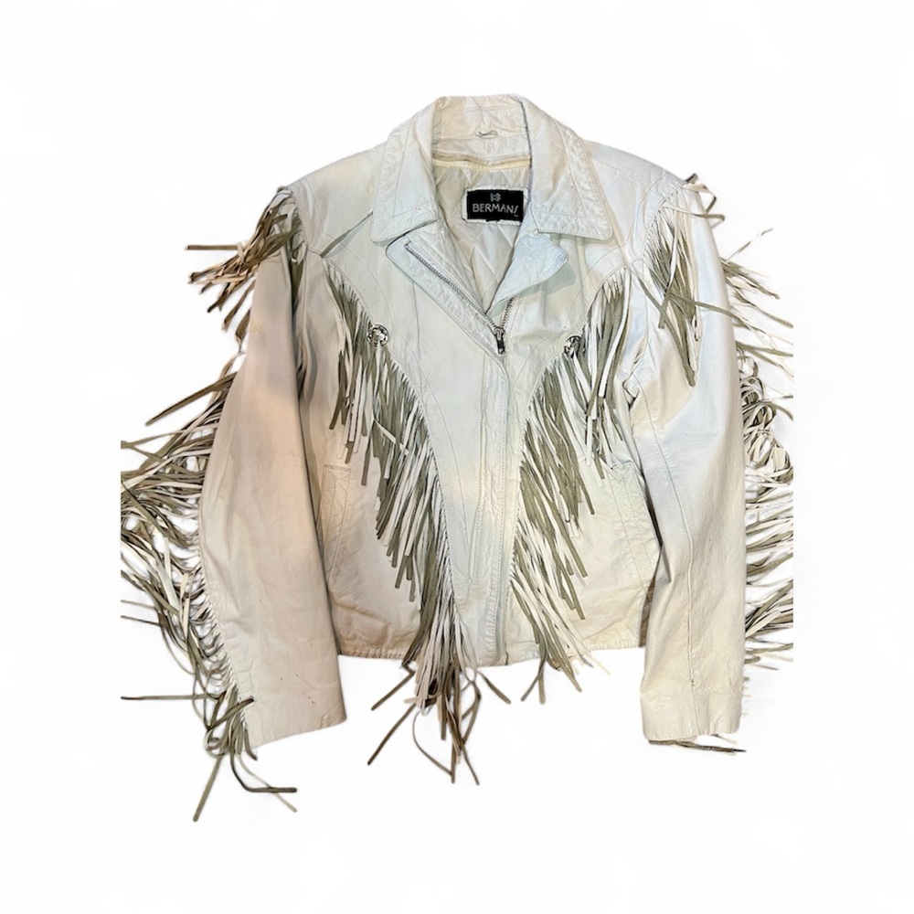Vintage 1980s Bermans White Fringe Genuine Leather Jacket